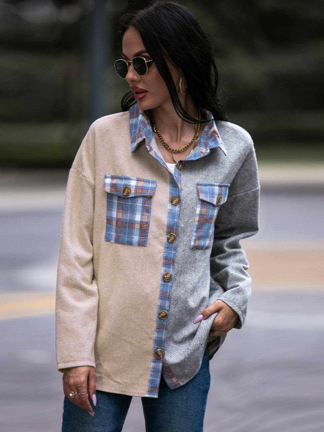 Trendsi Plaid drop shoulder oversized shacket
