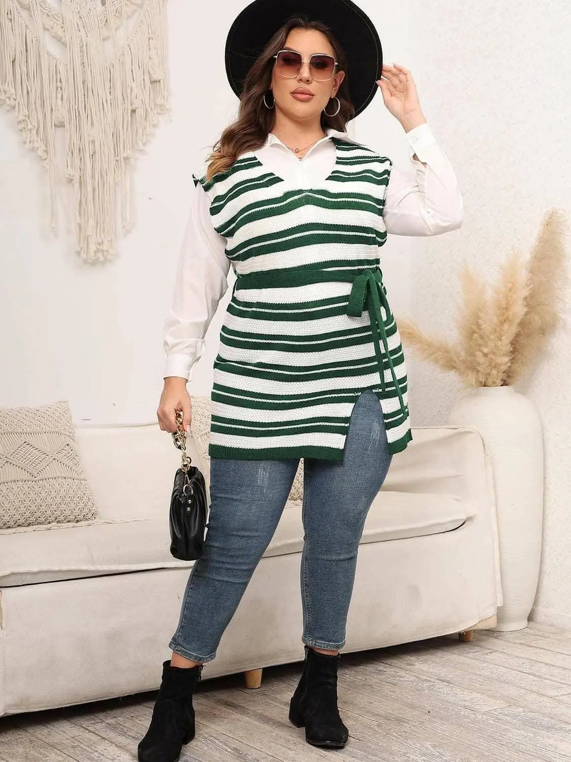 Sweater Vest - Striped Plus Size Knit - Sleeveless