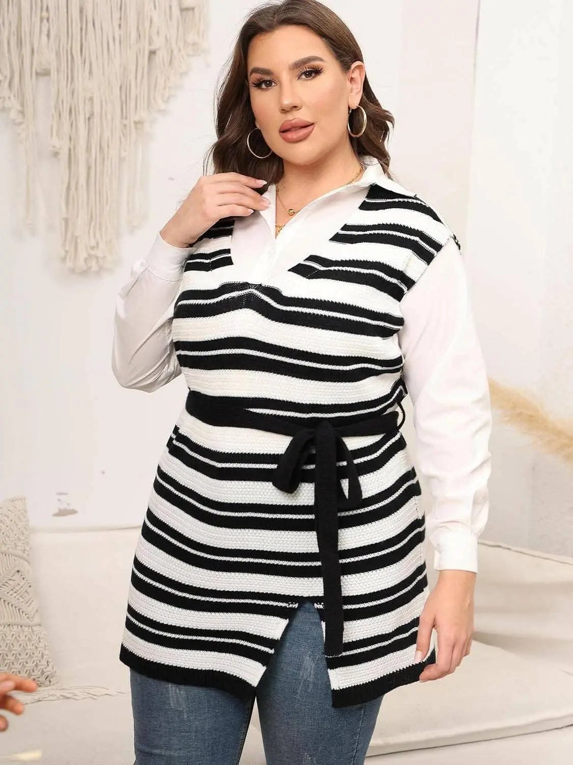 Sweater Vest - Striped Plus Size Knit - Sleeveless