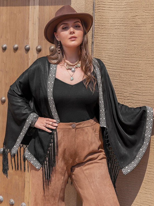 Trendsi Plus size geometric fringe cardigan