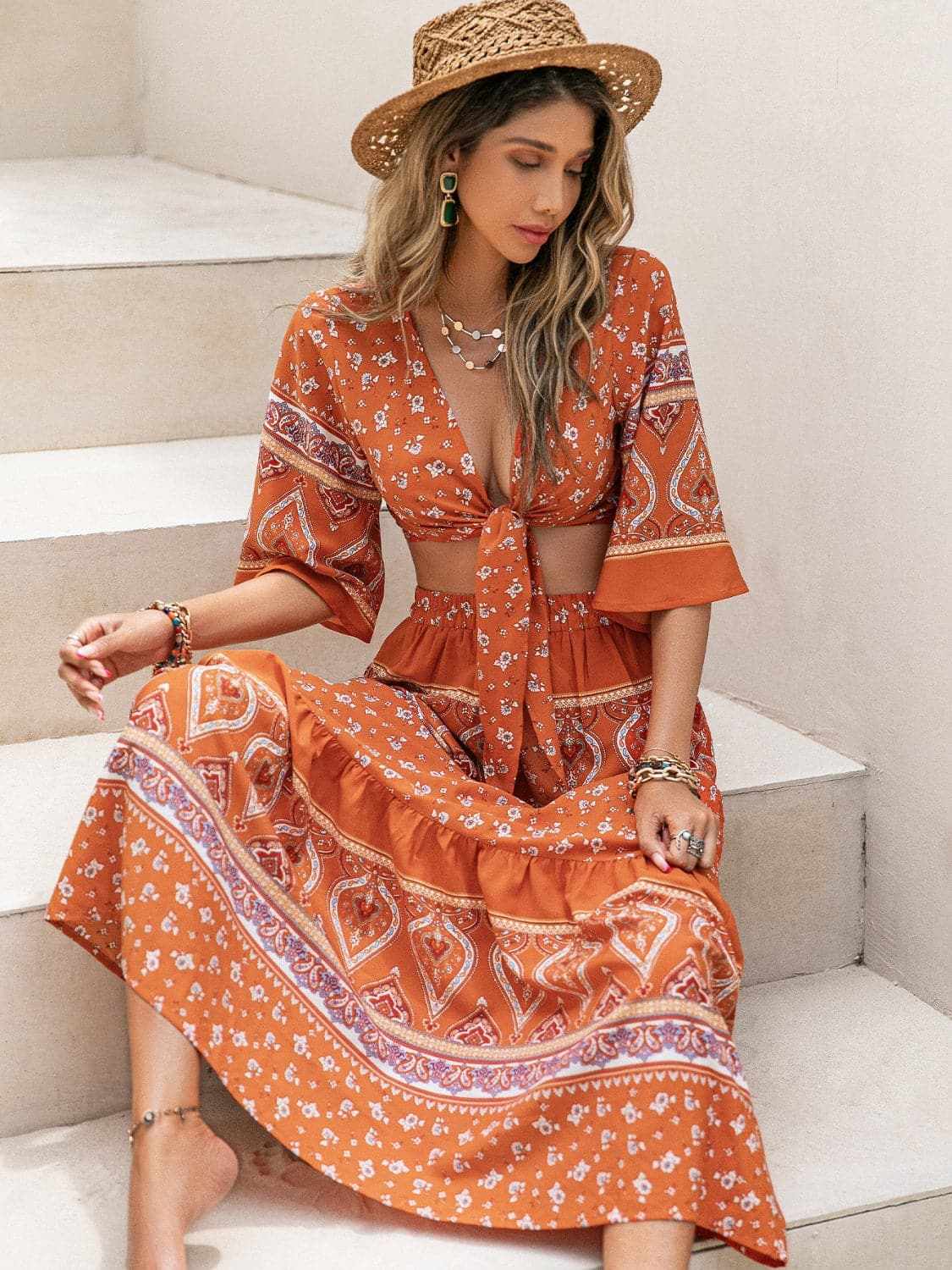 Trendsi Printed plunge top and skirt set