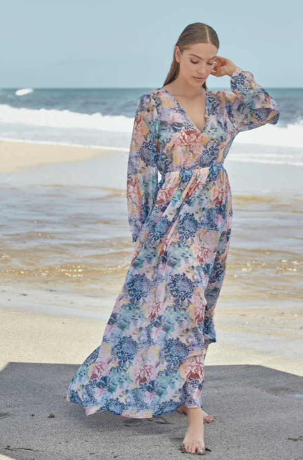 PHAX FLORAL RUFFLED TRIM LONG SLEEVE BEACH COVERUP