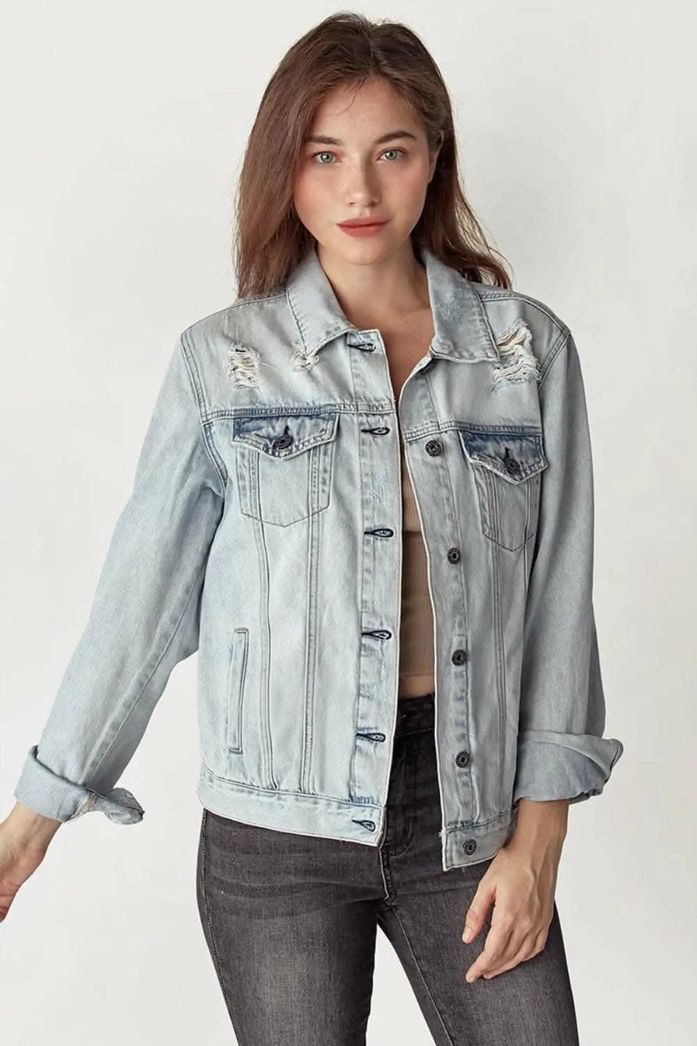 Trendsi Jeans & Denim RISEN Distressed Button Up Jacket