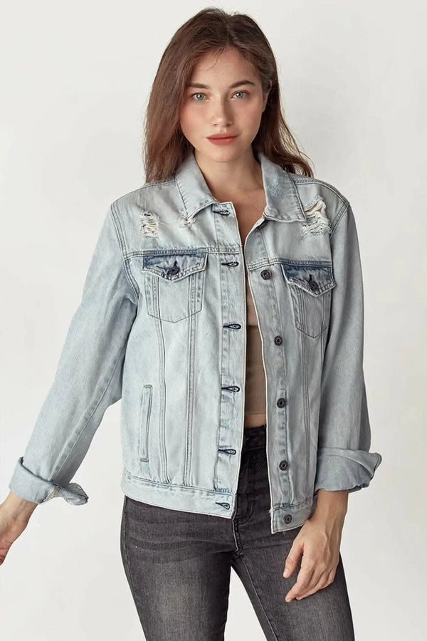 Trendsi Jeans & Denim RISEN Distressed Button Up Jacket