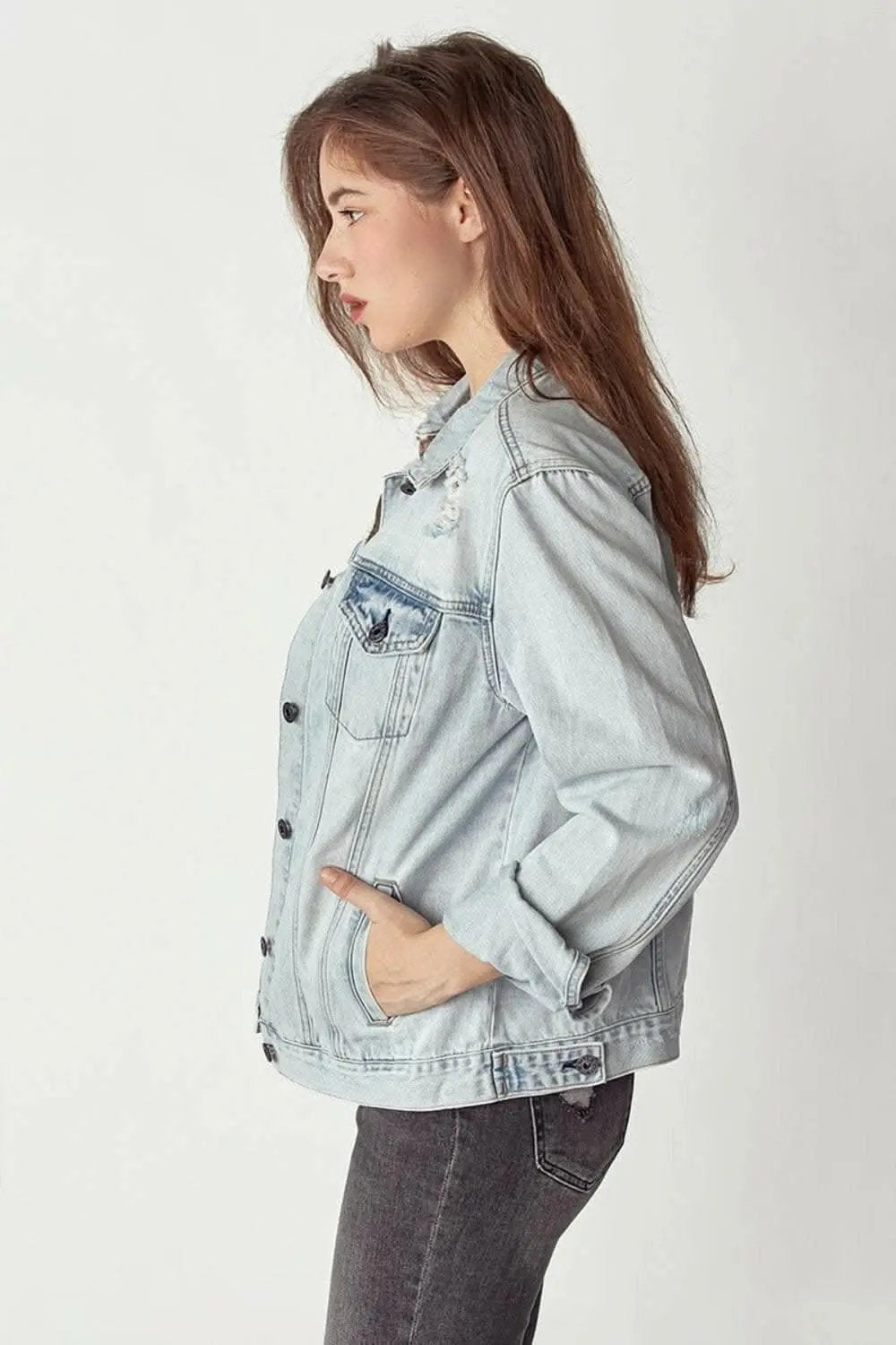 Trendsi Jeans & Denim RISEN Distressed Button Up Jacket