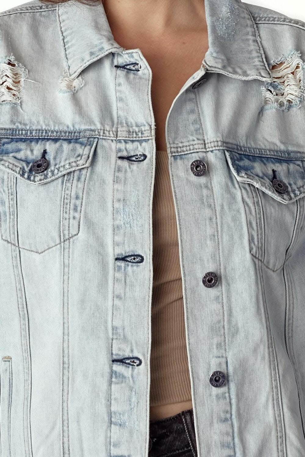 Trendsi Jeans & Denim RISEN Distressed Button Up Jacket