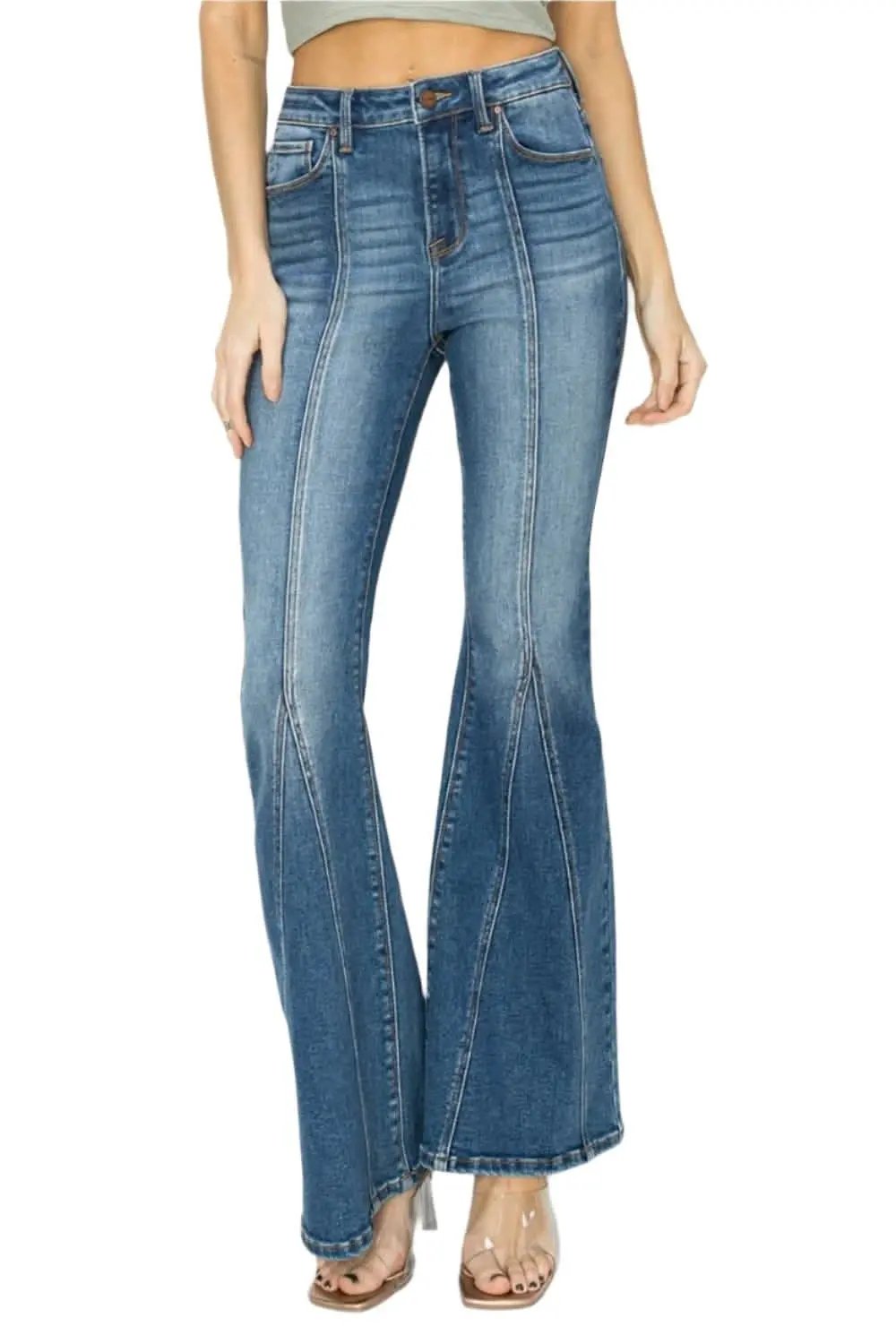 Trendsi RISEN Flare Jeans Women's High Rise USA Shipped Denim Jeans - Front Seam Detail