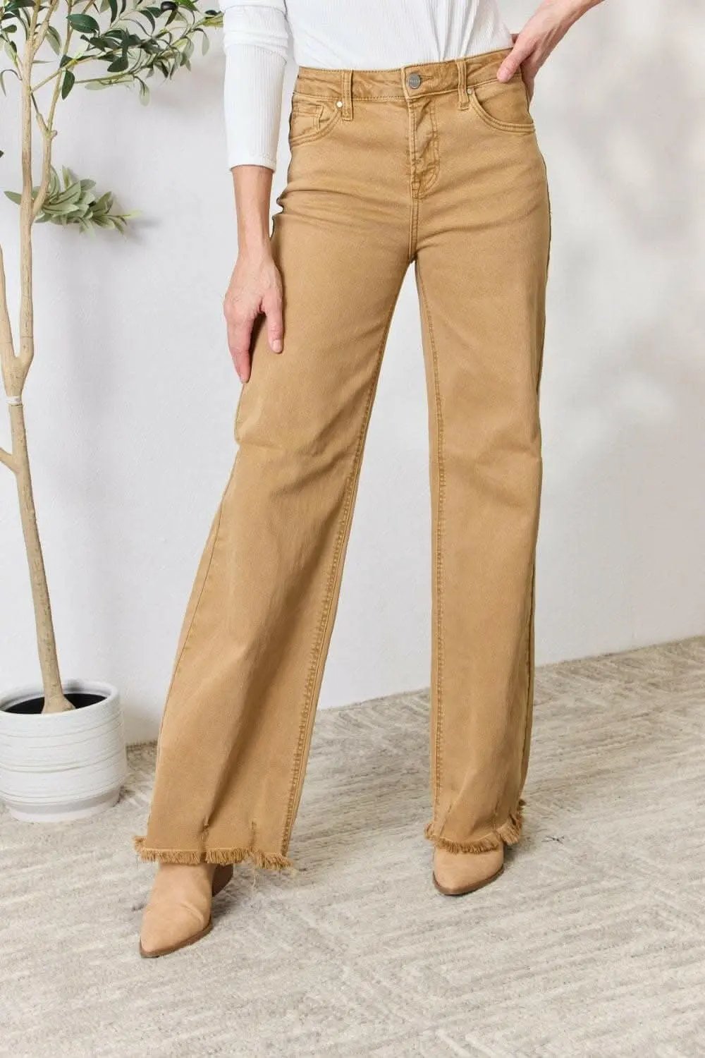 Jeans - High-Waisted Wide Leg Fringe - Casual Flattering Fit