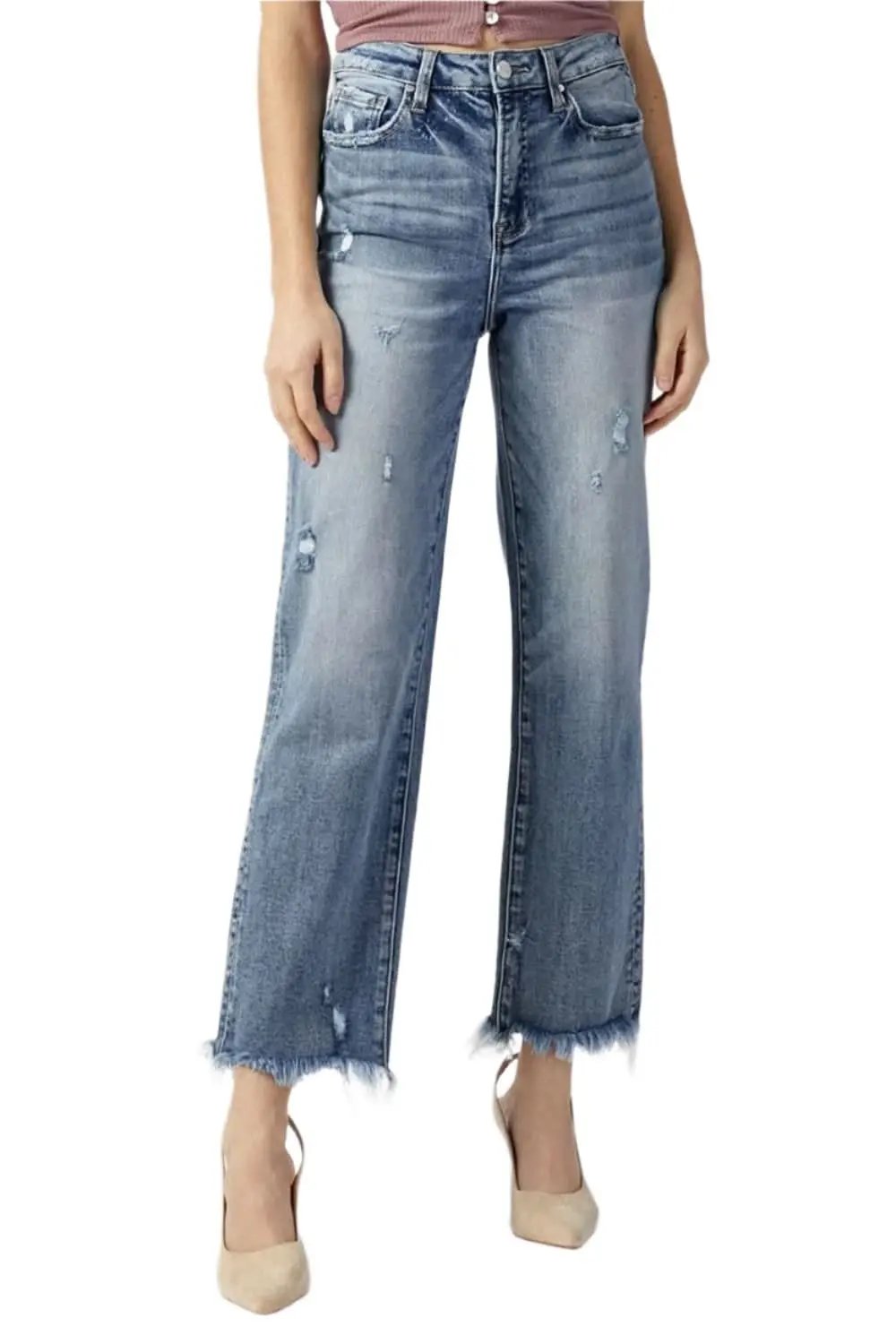 Trendsi High Waist Jeans Women's Casual Denim Straight Leg Raw Hem Jeans