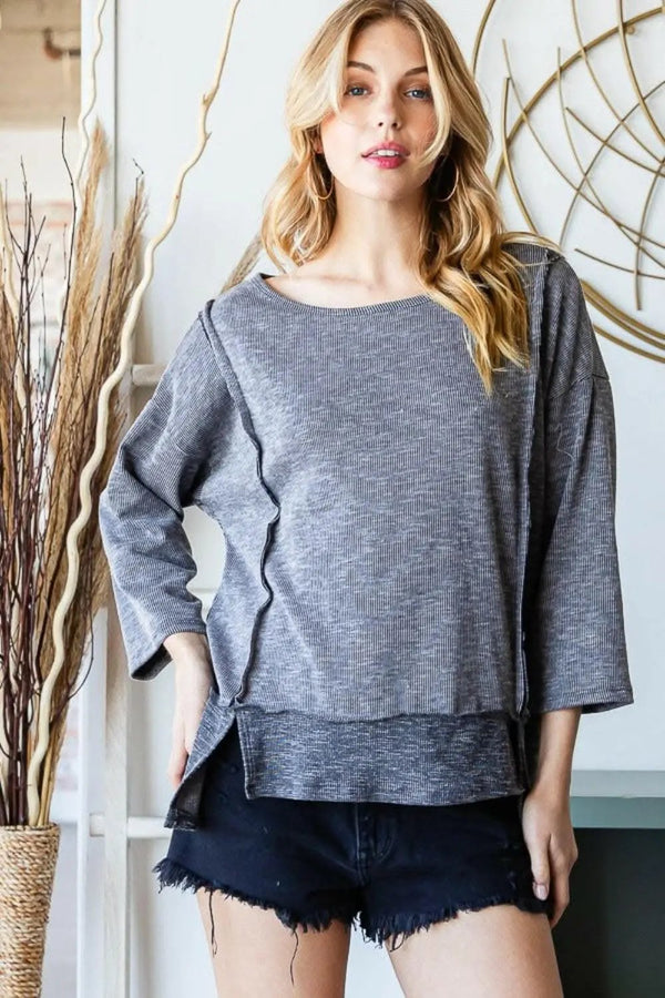 Women's Top - Boat Neck Exposed Seam Slit - Casual Tee