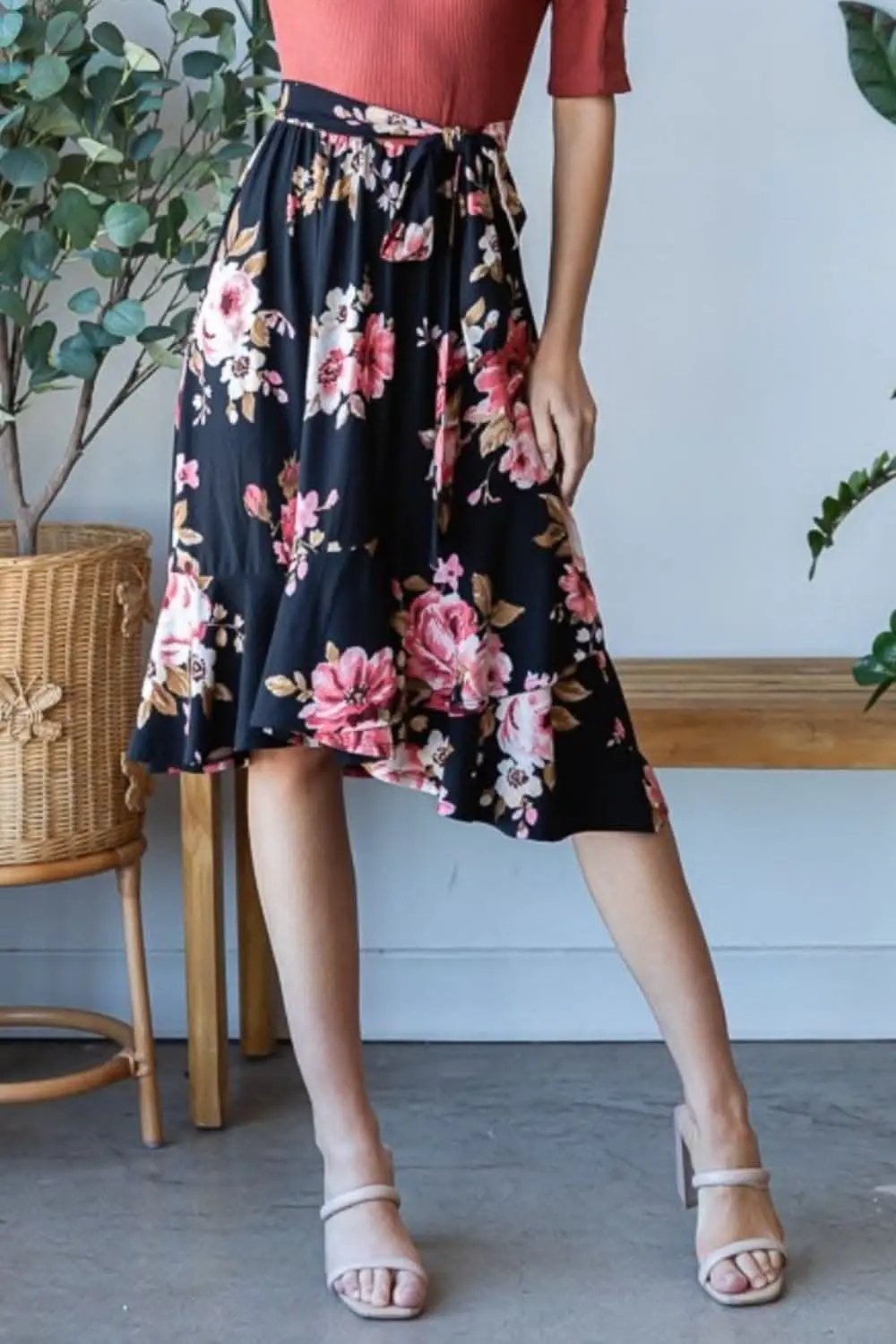 Trendsi Reborn J Floral Wrap Ruffle Hem Skirt