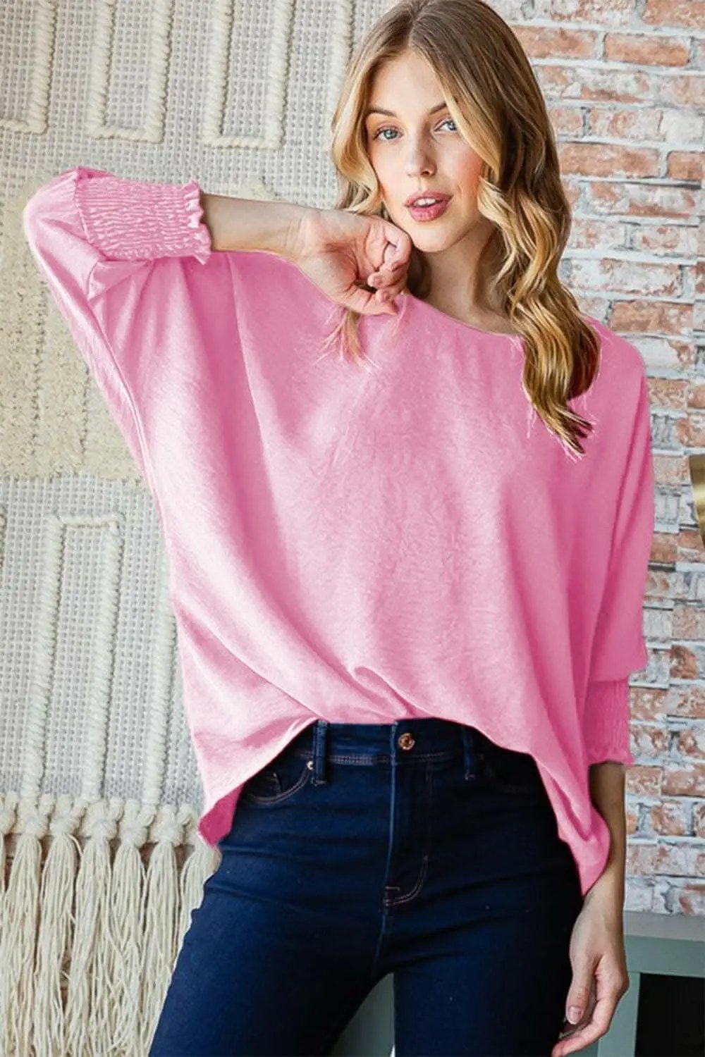 Trendsi Smocked Top Women's Casual Round Neck Blouse USA Shipped