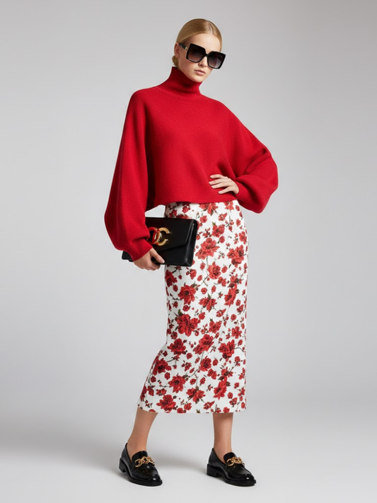 Red Knit Sweater with Peris Neck and Puff Sleeves • BYMANYC ® New York