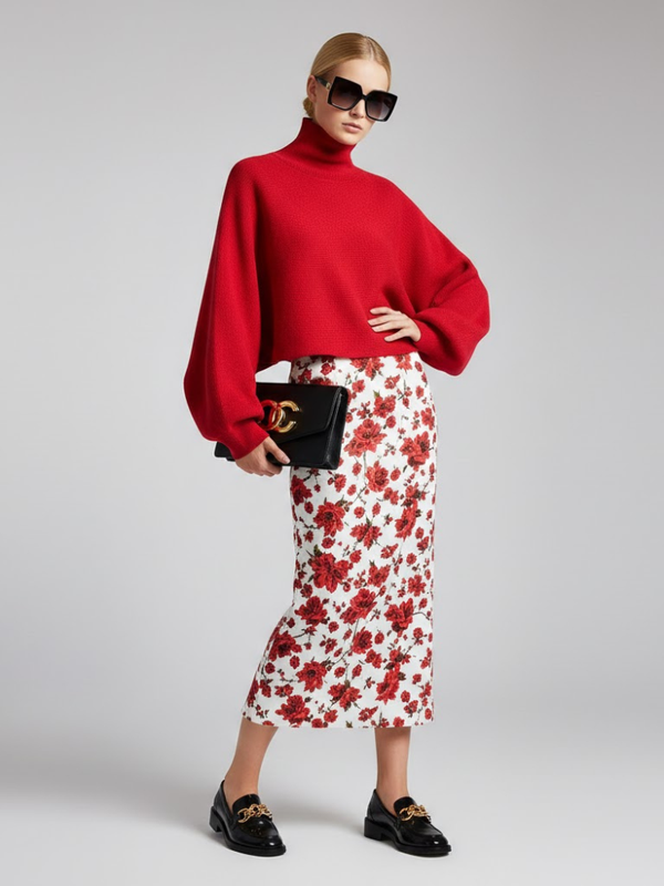Red Knit Sweater with Peris Neck and Puff Sleeves • BYMANYC ® New York