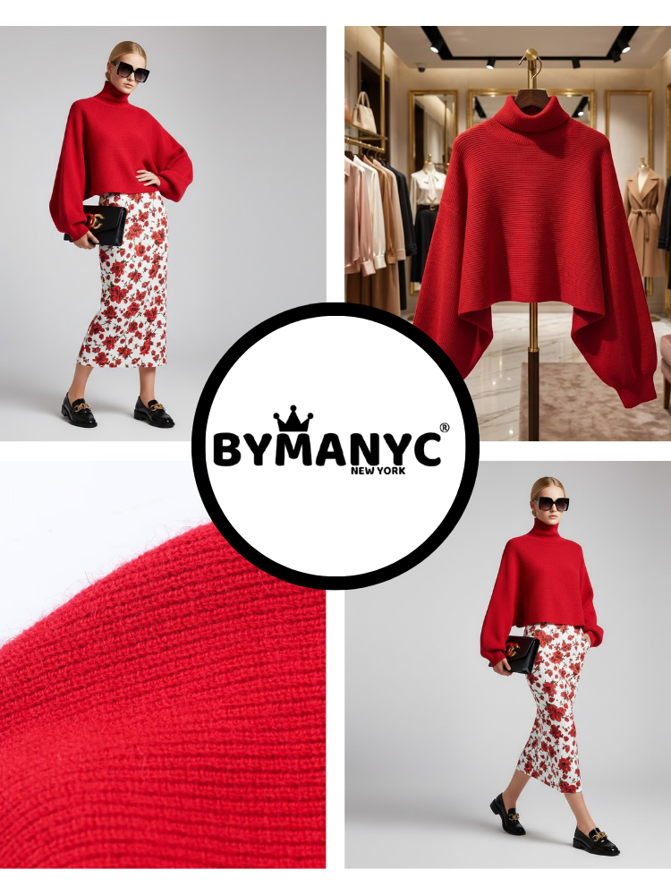 Red Knit Sweater with Peris Neck and Puff Sleeves • BYMANYC ® New York