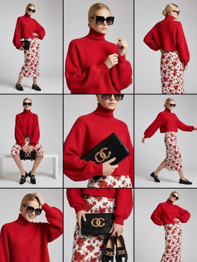 Red Knit Sweater with Peris Neck and Puff Sleeves • BYMANYC ® New York