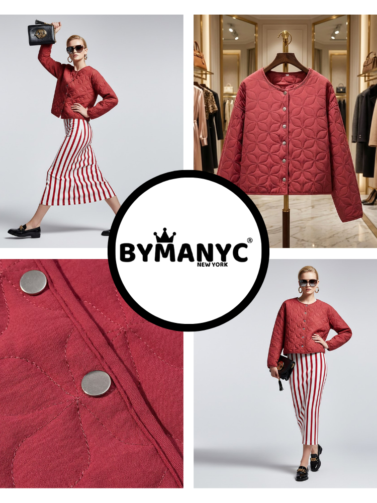 Red Quilted Jacket with Floral Geometric Embroidery • BYMANYC ® New York