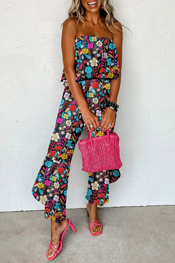 Love Salve Red Tropical Jumpsuit Women's Summer Daily Strapless Ruffled Wide Leg