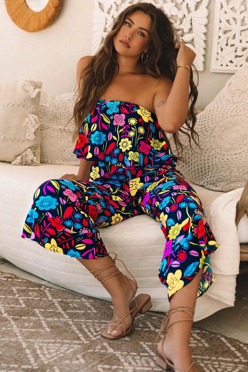 Love Salve Red Tropical Jumpsuit Women's Summer Daily Strapless Ruffled Wide Leg