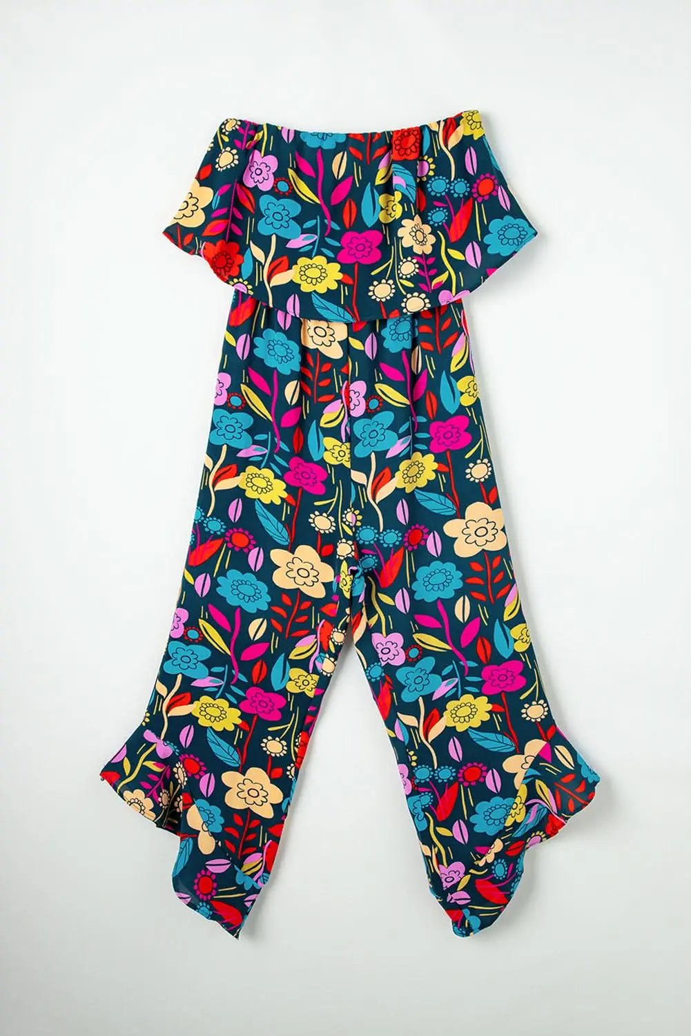 Love Salve Red Tropical Jumpsuit Women's Summer Daily Strapless Ruffled Wide Leg