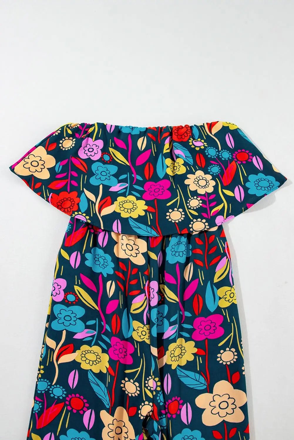 Love Salve Red Tropical Jumpsuit Women's Summer Daily Strapless Ruffled Wide Leg