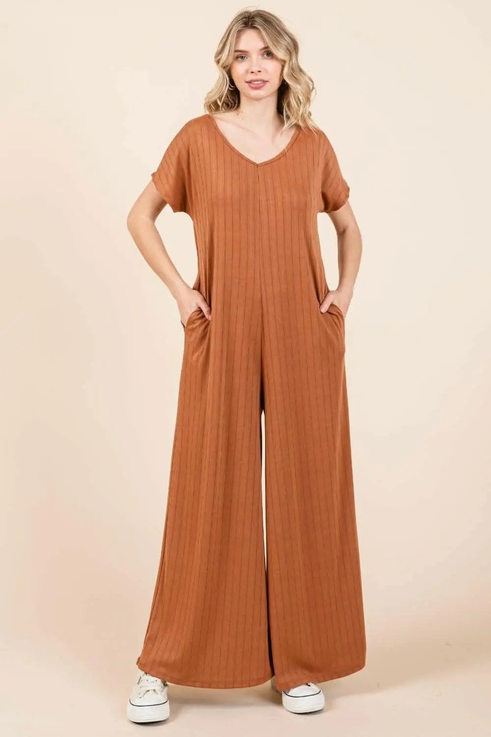 Trendsi just arrived - Ribbed Short Sleeve Jumpsuit with Wide Leg - BO