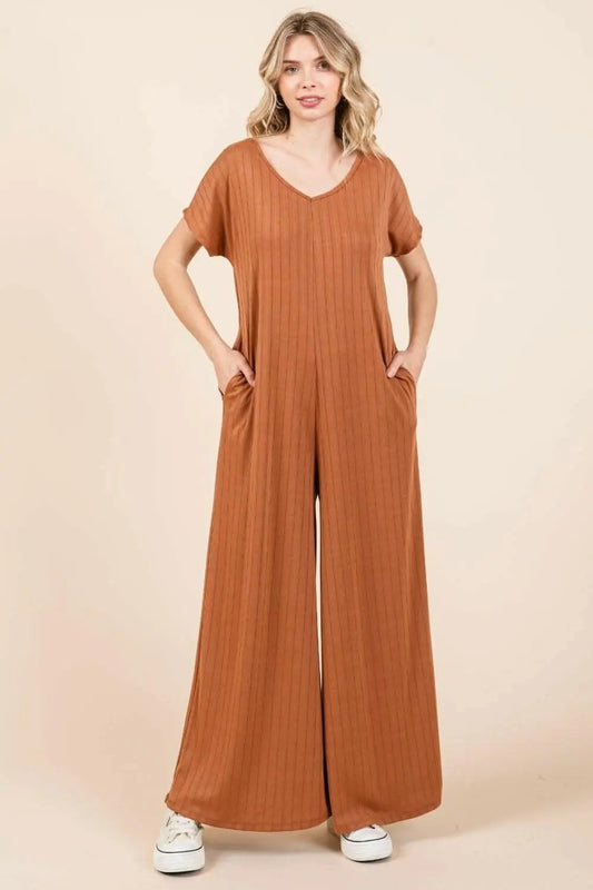 Trendsi just arrived - Ribbed Short Sleeve Jumpsuit with Wide Leg - BO