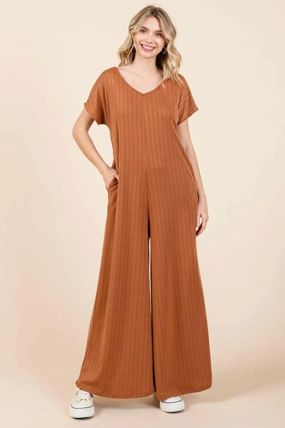 Trendsi just arrived - Ribbed Short Sleeve Jumpsuit with Wide Leg - BO