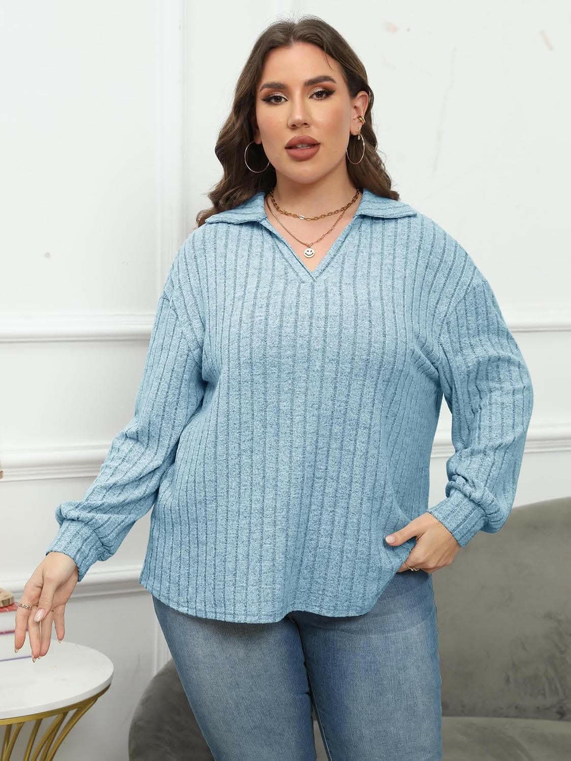 Trendsi Ribbed Collared Top Women's Plus Size Casual Tee Comfort Fit