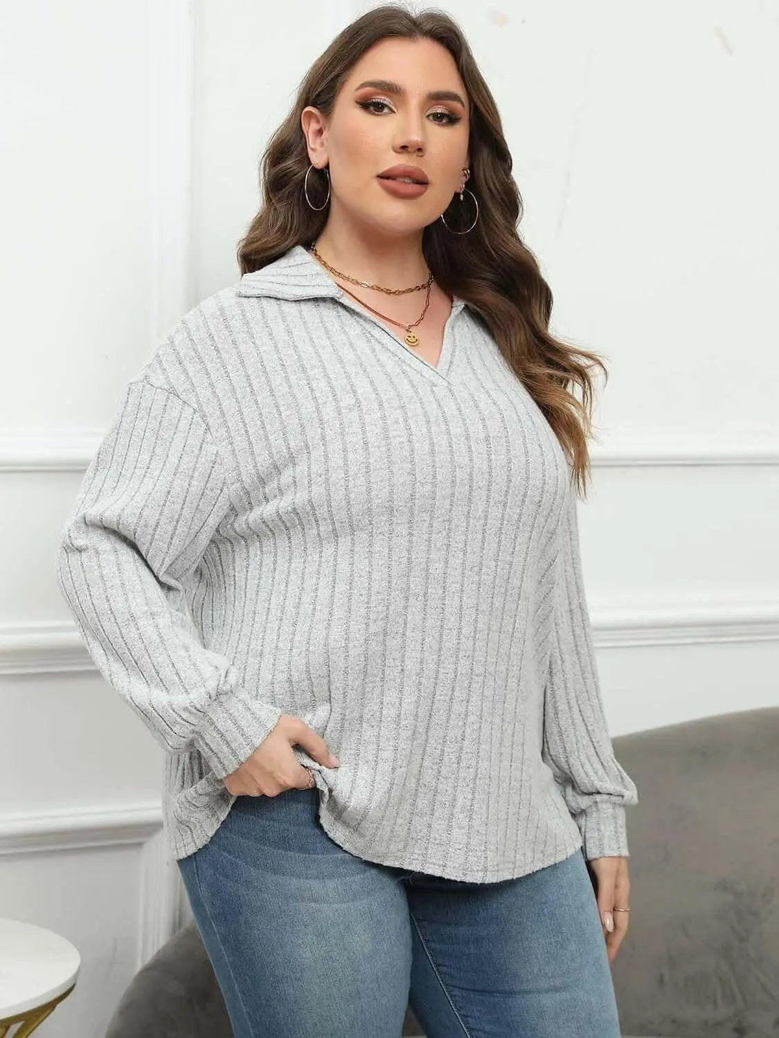 Trendsi Ribbed Collared Top Women's Plus Size Casual Tee Comfort Fit