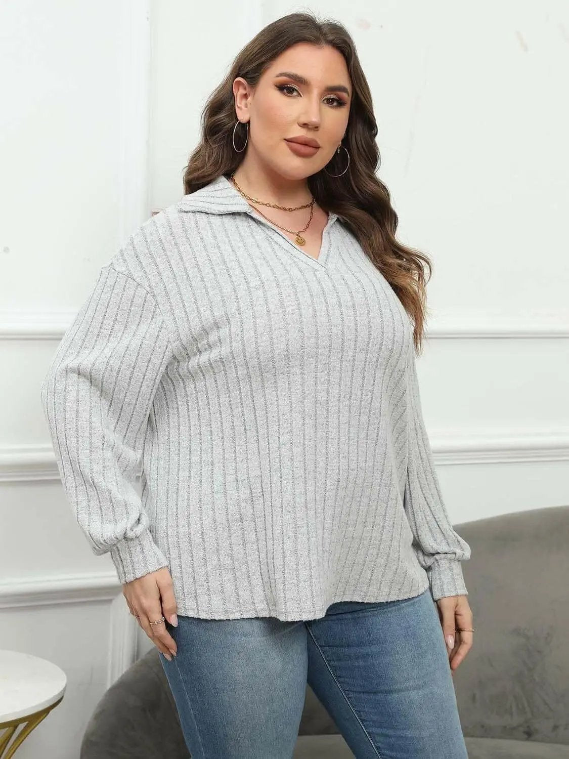 Trendsi Ribbed Collared Top Women's Plus Size Casual Tee Comfort Fit