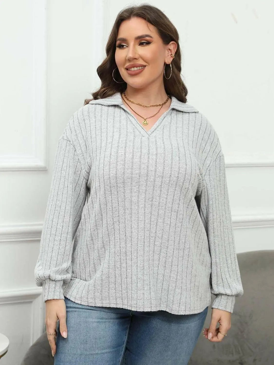 Trendsi Ribbed Collared Top Women's Plus Size Casual Tee Comfort Fit