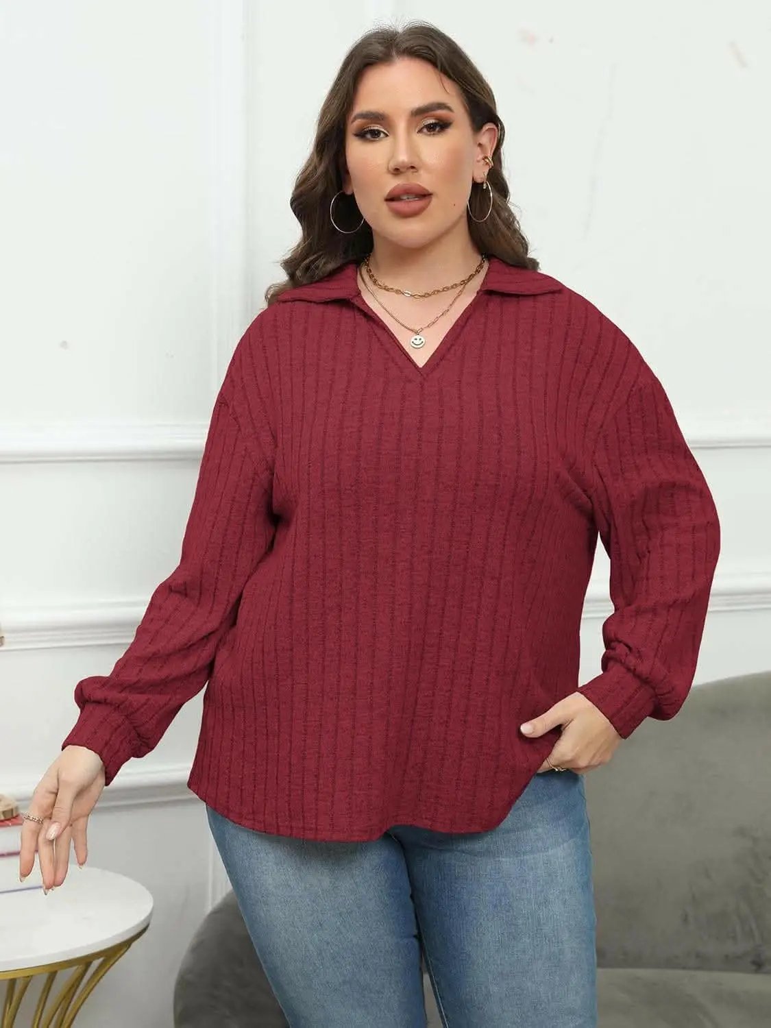 Trendsi Ribbed Collared Top Women's Plus Size Casual Tee Comfort Fit
