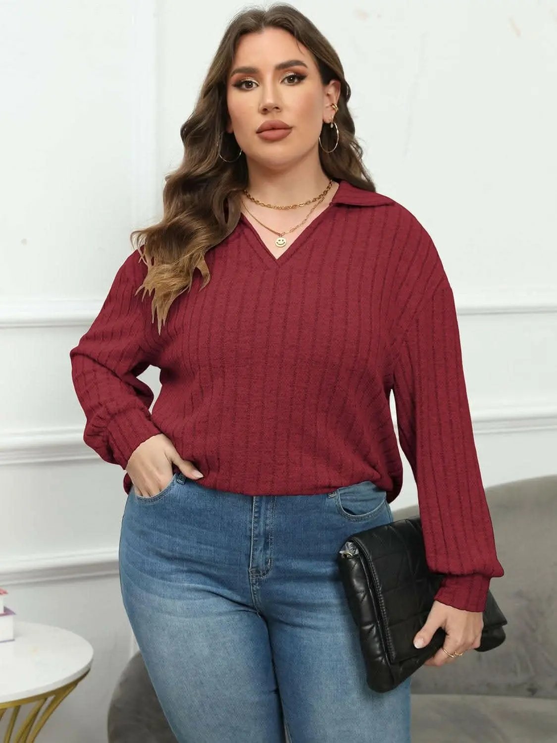 Trendsi Ribbed Collared Top Women's Plus Size Casual Tee Comfort Fit
