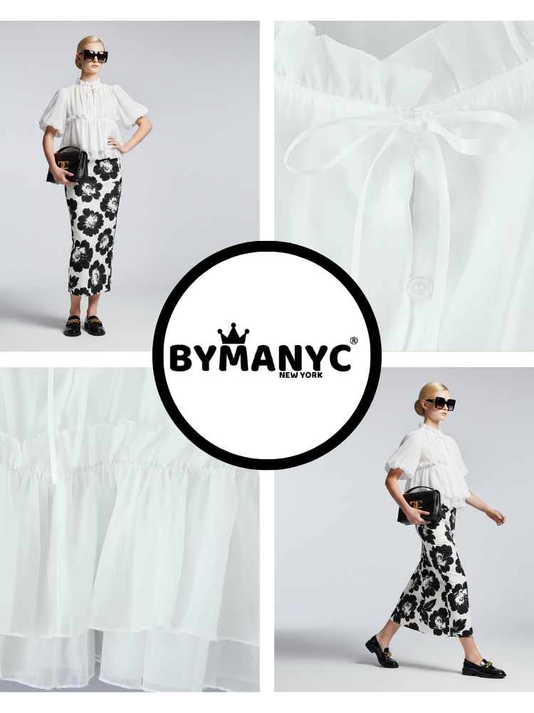 Romantic White Ruffle Blouse with Perkins Collar • BYMANYC ® New York