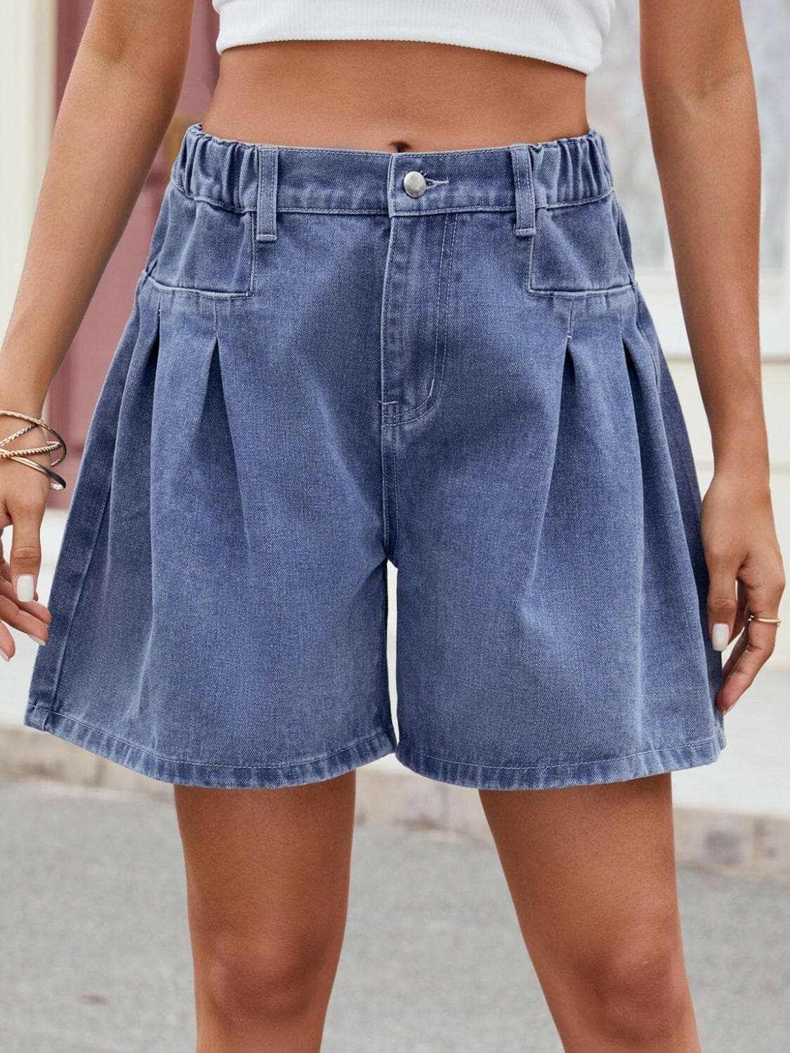Denim Shorts - Ruched Elastic Waist - Casual Comfort