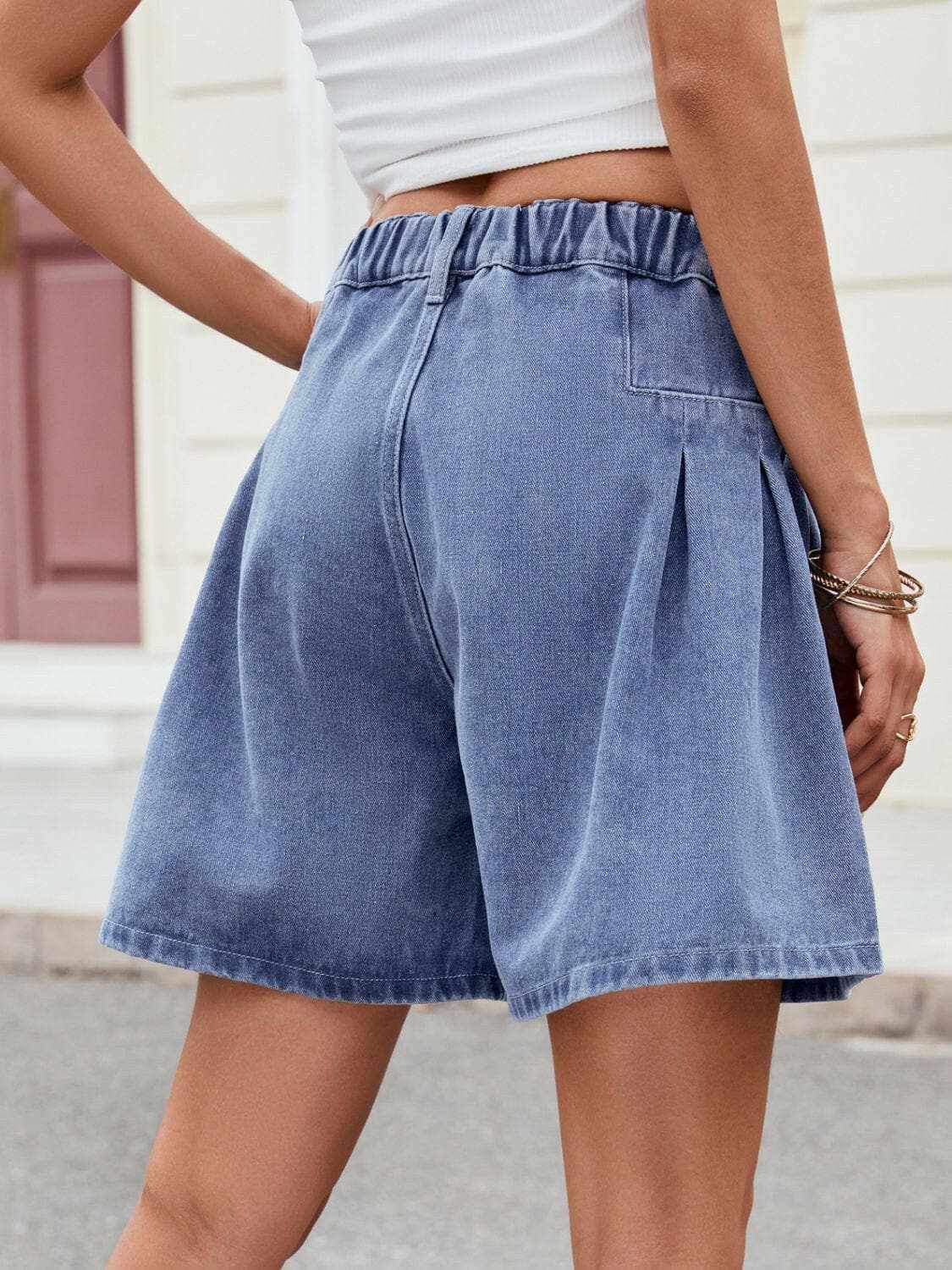 Denim Shorts - Ruched Elastic Waist - Casual Comfort