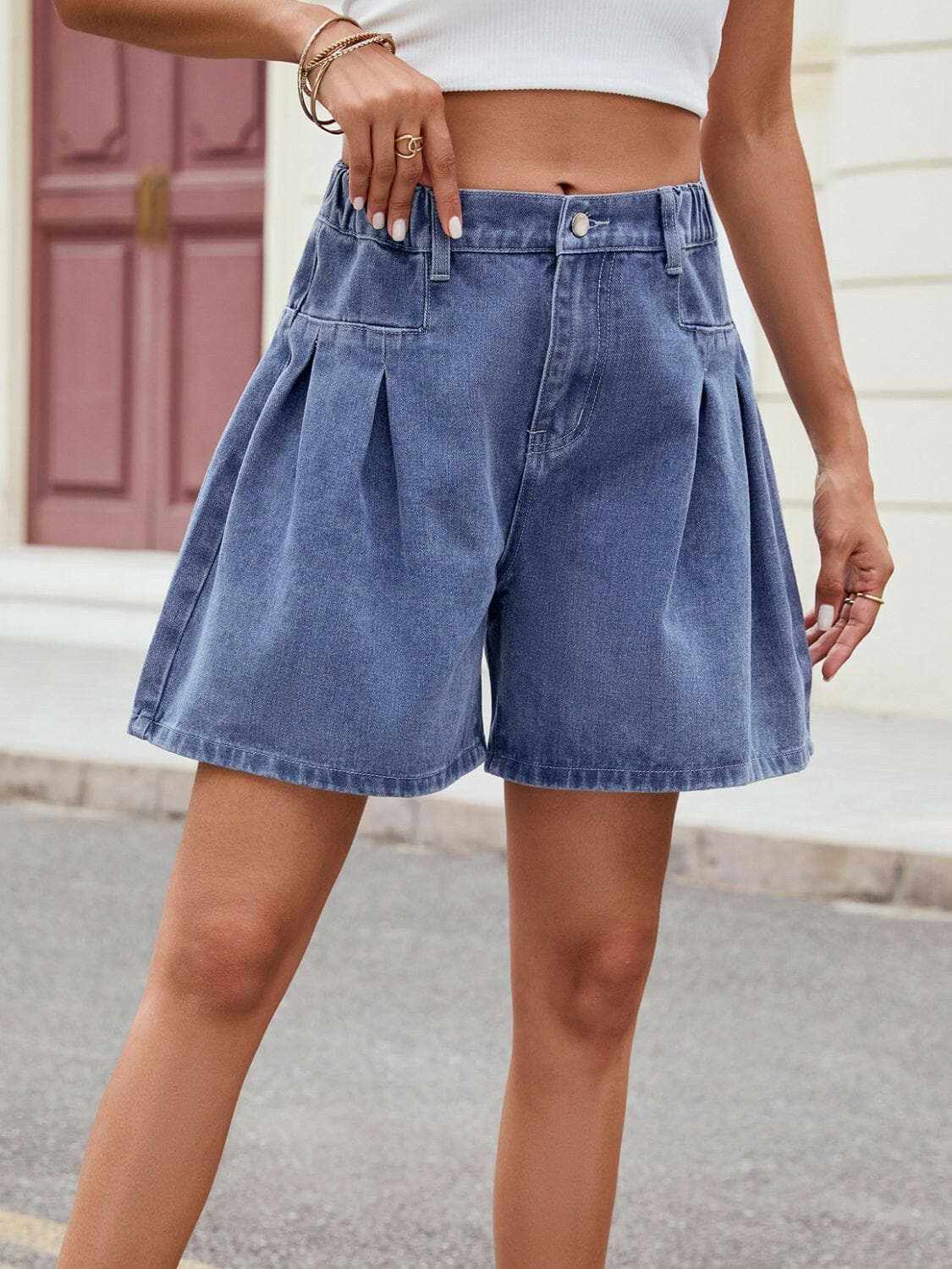 Denim Shorts - Ruched Elastic Waist - Casual Comfort