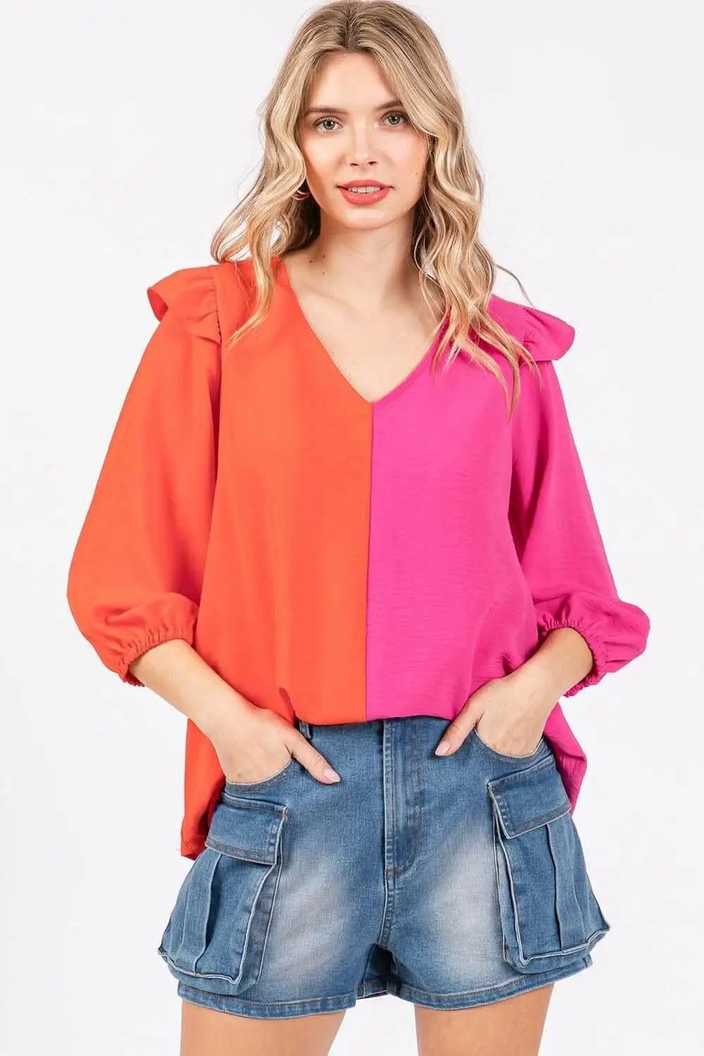 Trendsi usa - Ruffle Elegance Contrast Blouse