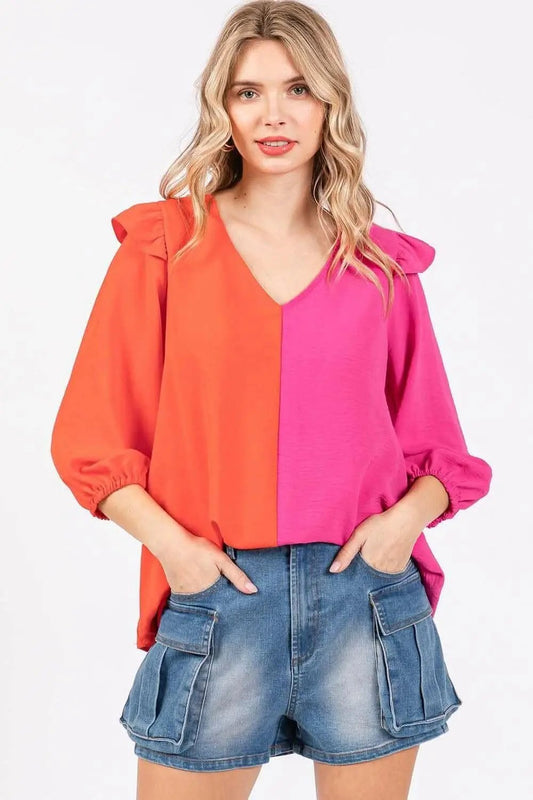 Trendsi usa - Ruffle Elegance Contrast Blouse