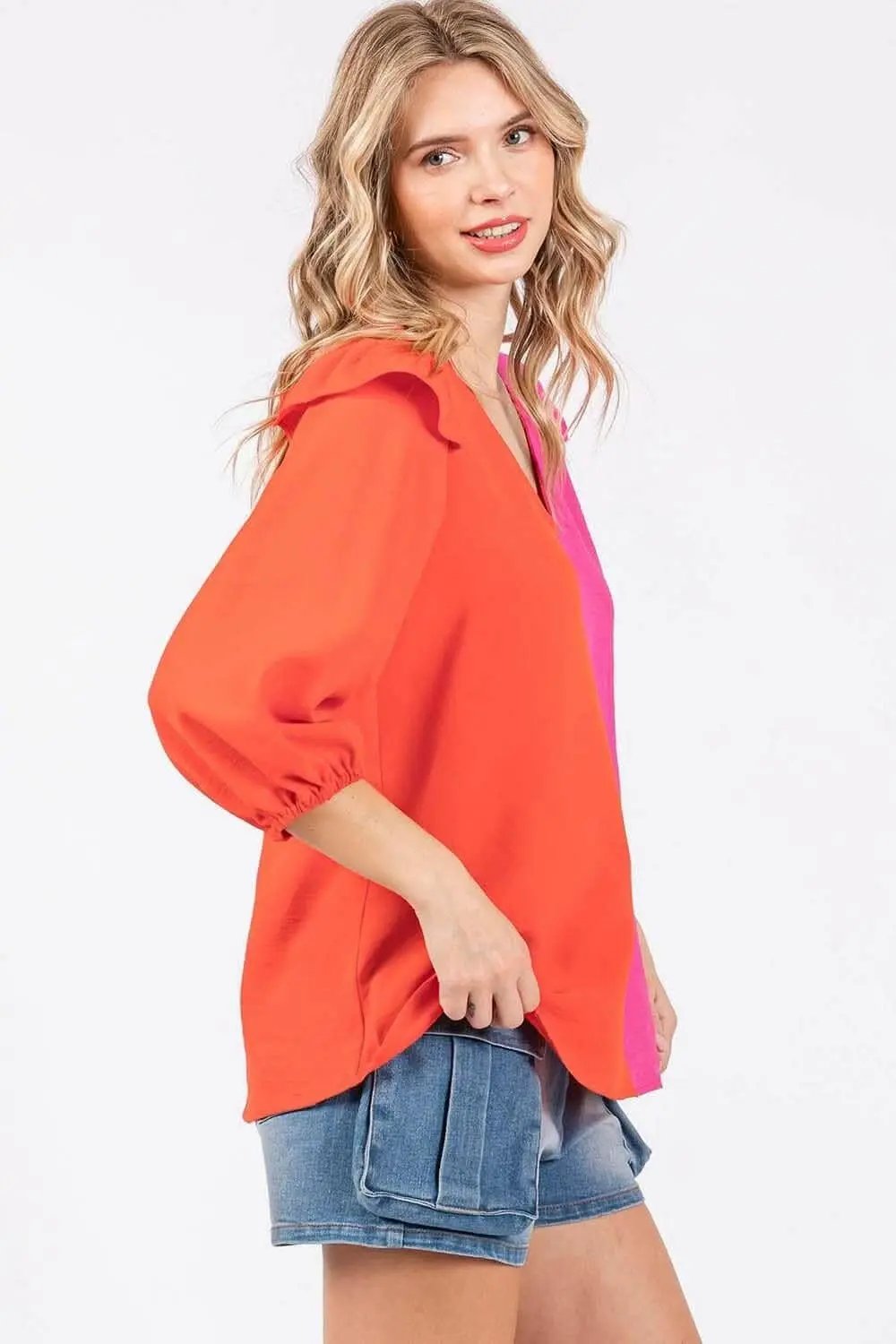Trendsi usa - Ruffle Elegance Contrast Blouse
