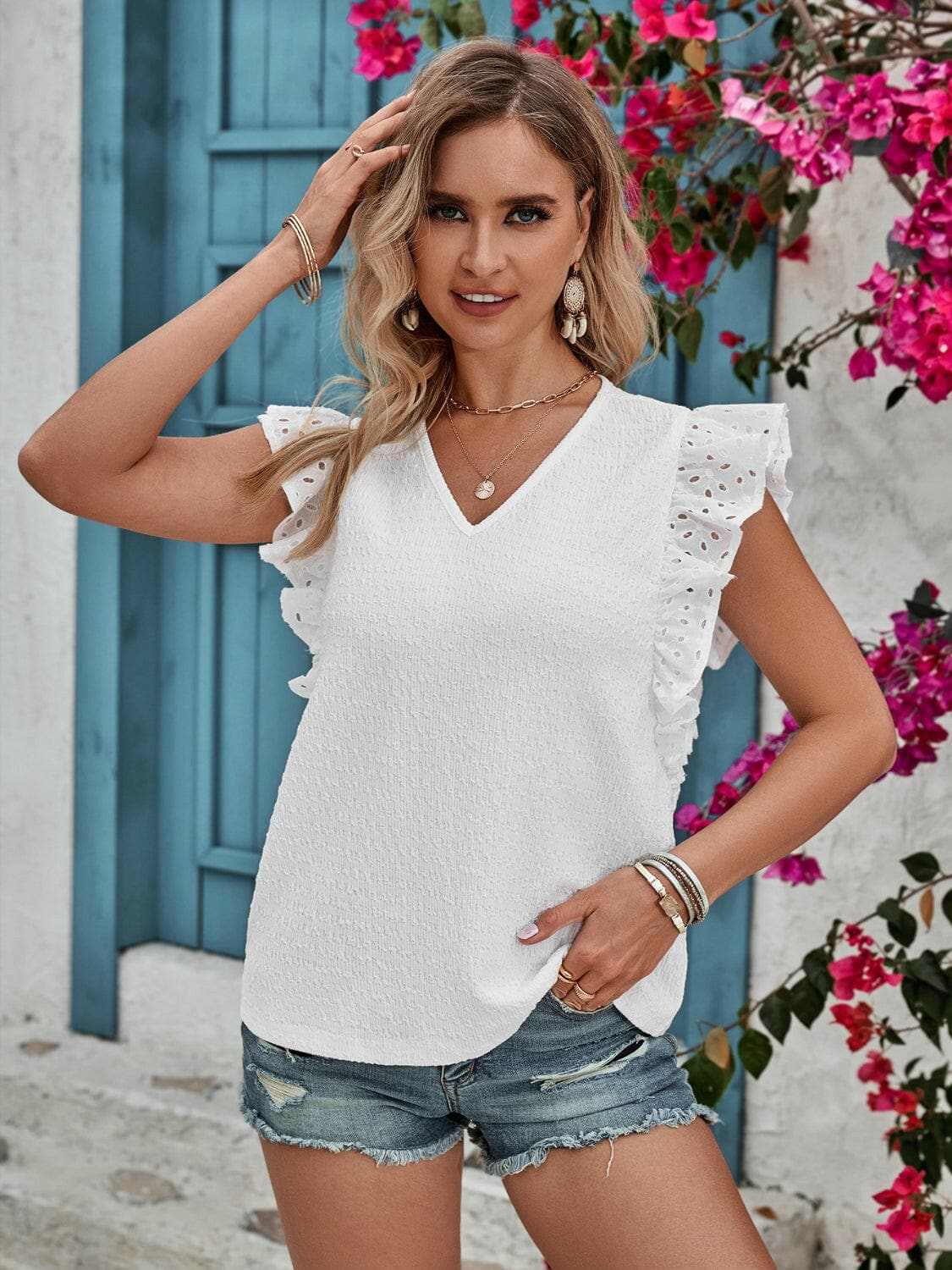 Trendsi just arrived - Ruffled v-neck cap sleeve blouse