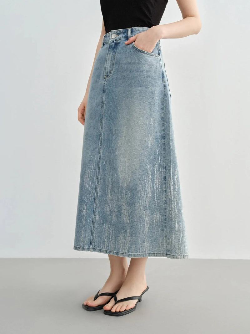 Loran High-Rise Midi Denim Skirt in Light Blue
