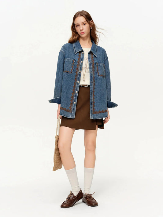 Loran Lace-Embroidered Denim Jacket in Blue
