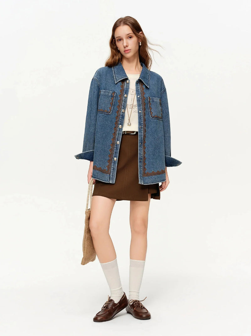 Loran Lace-Embroidered Denim Jacket in Blue