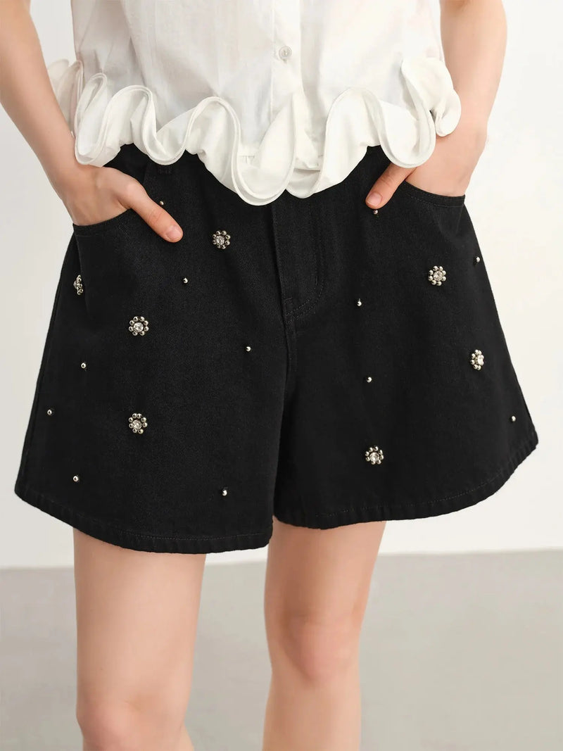 Loran Plus-Size Beaded Denim Shorts in Black