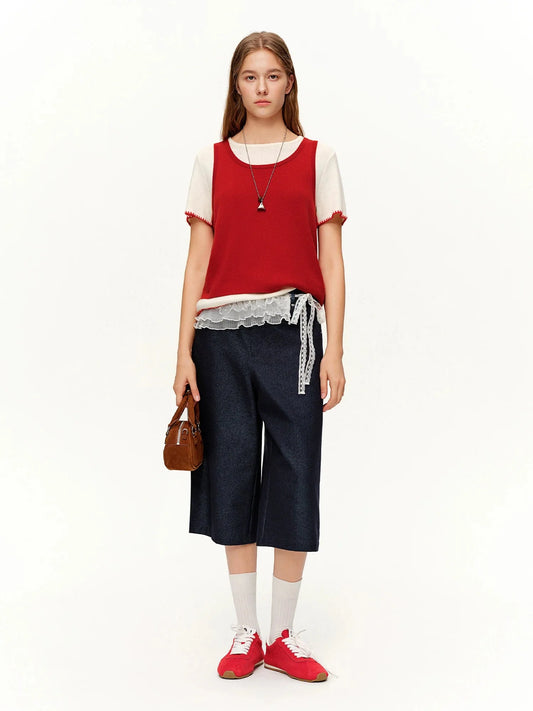 Loran Lace-Overlay Cropped Straight-Leg Jeans in Dark Blue