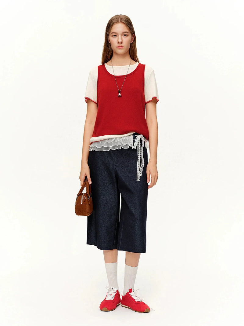 Loran Lace-Overlay Cropped Straight-Leg Jeans in Dark Blue