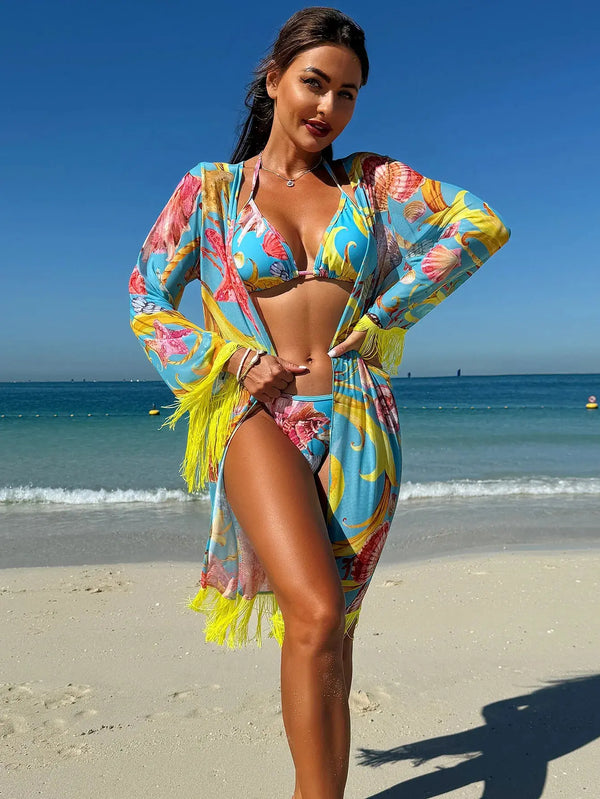 Women's Swimsuit Set - Tassel Drape Premium Feel - 3-Piece Beach Cover-Up