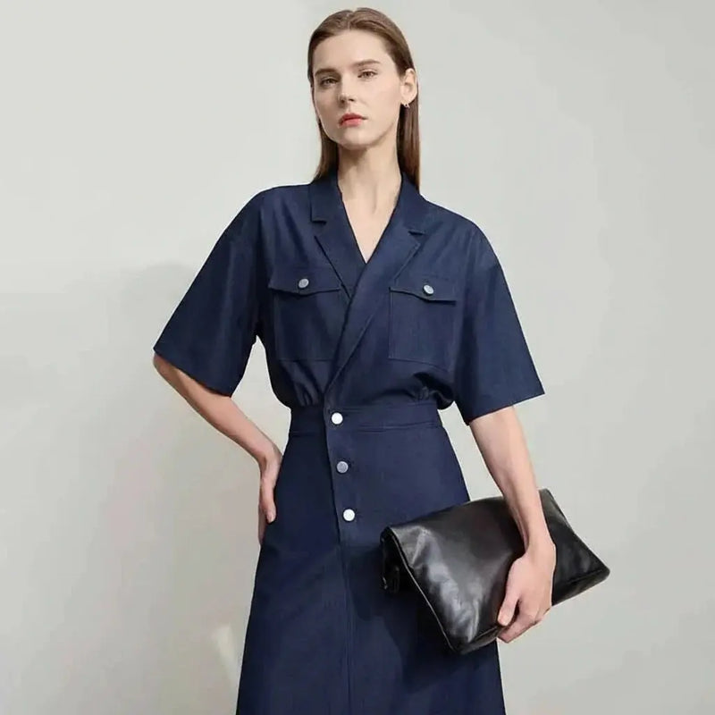 Loran Draped Flip-Neck Denim Shirt Dress